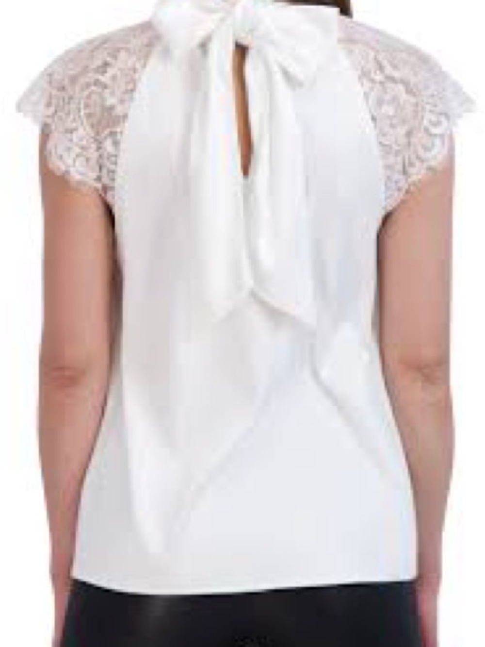 Women's White Lace Cap-Sleeve Bow-Back Blouse‎